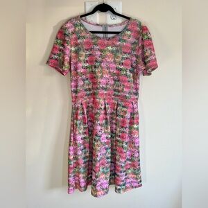 LuLaRoe Amelia Dress 3X Fit Flare Pink Floral Short Sleeve Stretch Knit